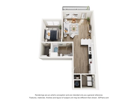 A 3D floor plan of a small apartment with a kitchen, living room, and bathroom.